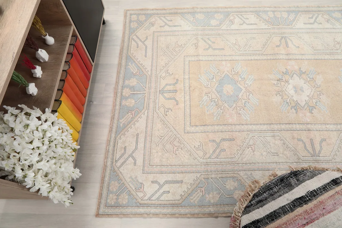 Top-down angle view of the rug, capturing its overall design and color balance