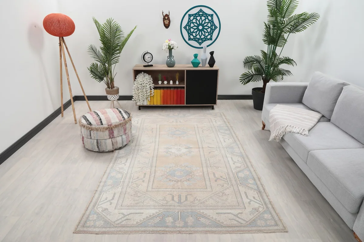 Vintage beige and blue area rug displayed in a modern living room setting with a gray sofa