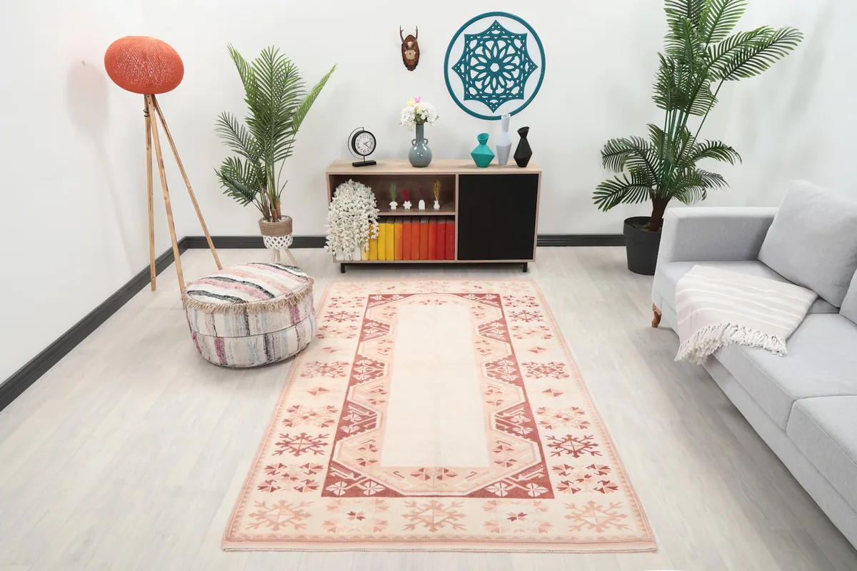 Ivory and rust area rug displayed in a modern living room setting with a light couch and dark cabinet