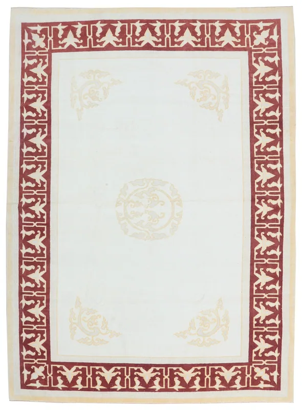 Full overhead view of the ivory and red geometric vintage Anatolian rug
