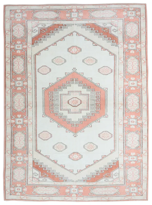 Full top view of the vintage Anatolian rug with rose and ivory geometric patterns