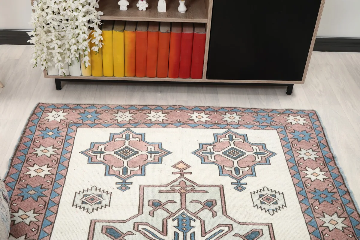 Overhead shot of the rug's upper section, highlighting the main design