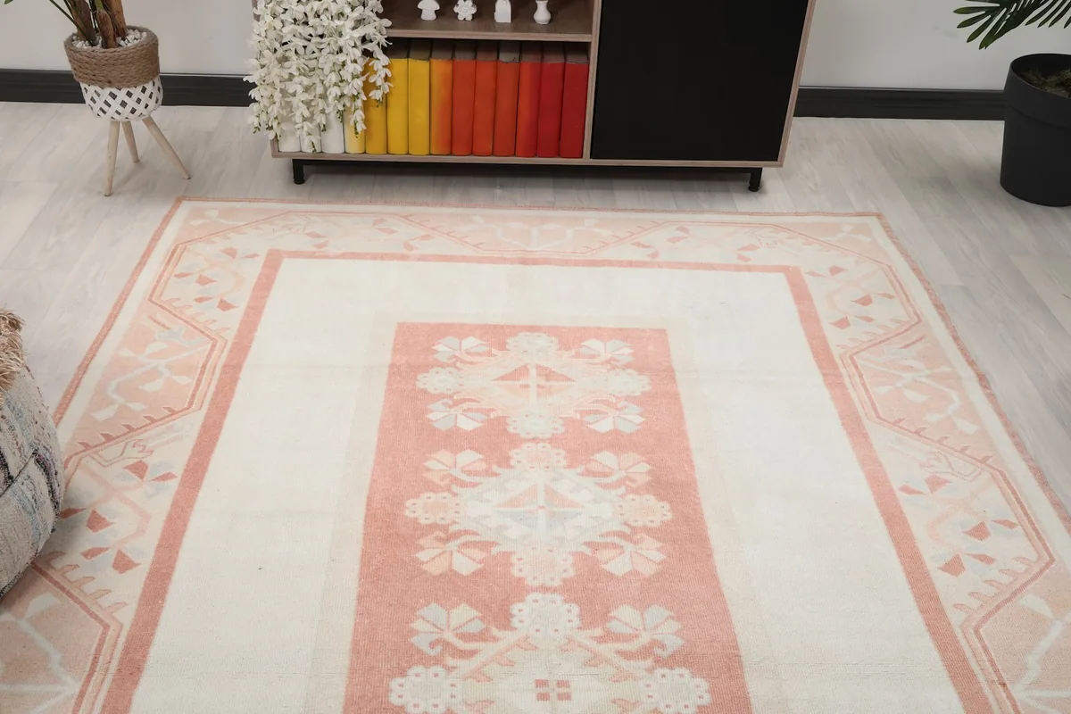 Overhead view showing the full length of the ivory and rose rug in a room