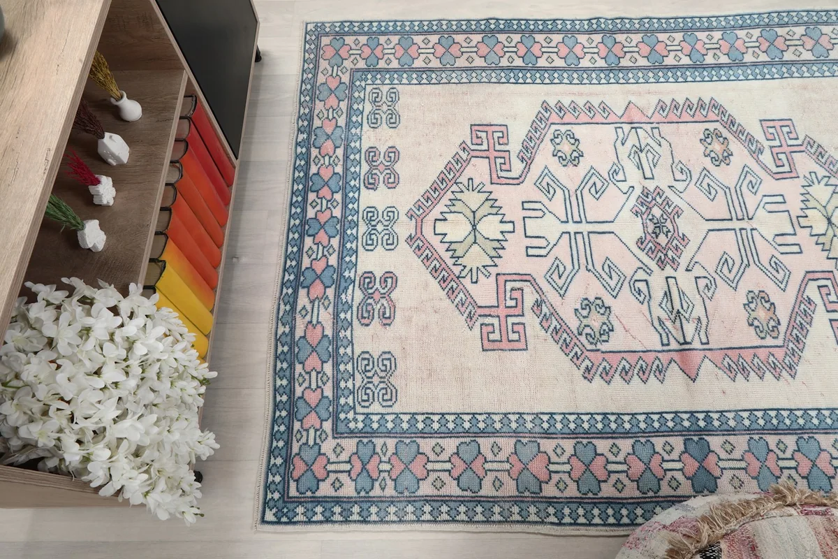 High angle view of the rug, capturing its texture and color variations from above
