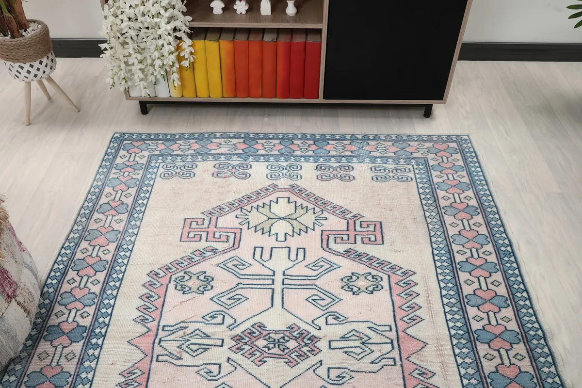 Overhead view of the rug showcasing its full design and colors within a room