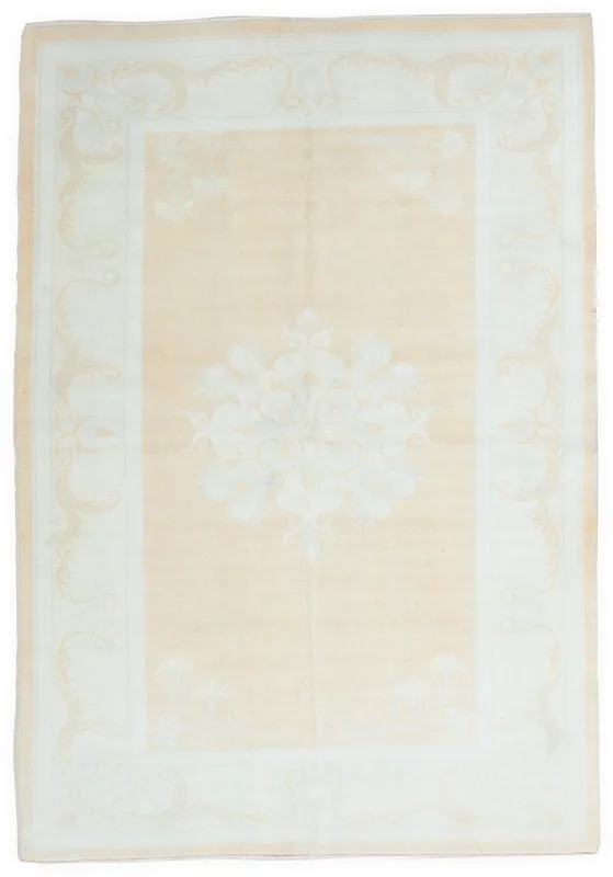 Full top view of the vintage beige and ivory Anatolian area rug