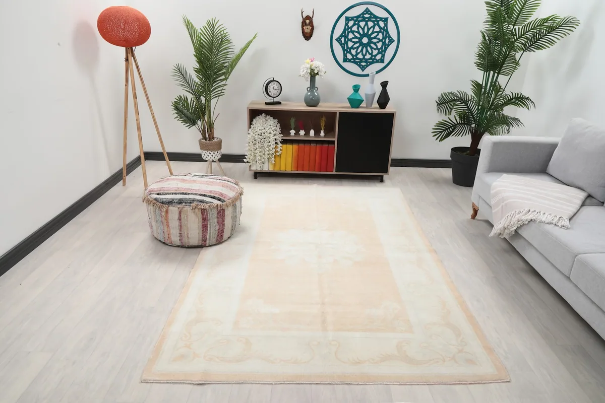 Beige and ivory vintage rug in a living room setting with a light gray sofa and wooden furniture