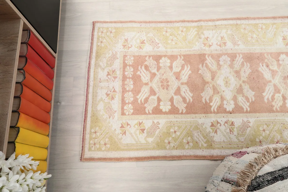 Overhead shot of a section of the runner rug, displaying the full width and pattern repeat
