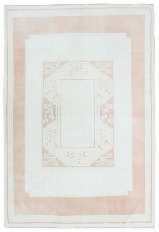 Full top view of the ivory and pink vintage Anatolian area rug