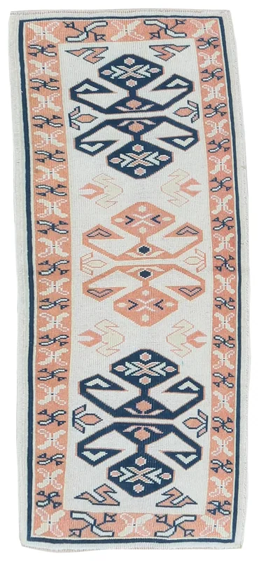 Ivory Geometric Anatolian Runner, full top view showing navy and orange motifs on an ivory field.
