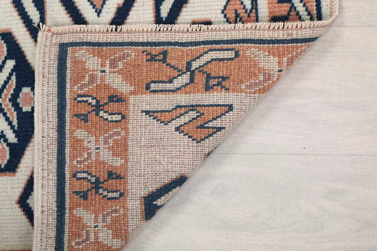 Close-up of the back of the Ivory Geometric Anatolian Runner, showing the quality of the hand-knotted construction.