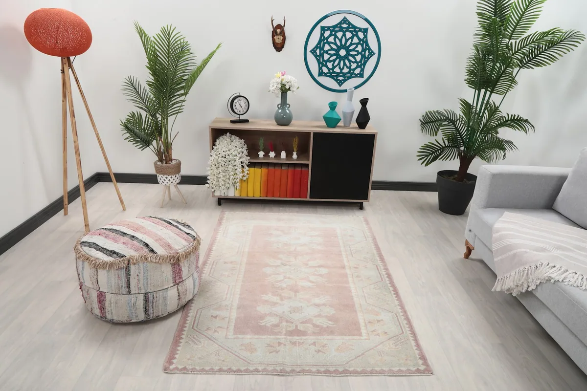 Vintage pink and beige rug styled in a living room setting with light furniture and plants