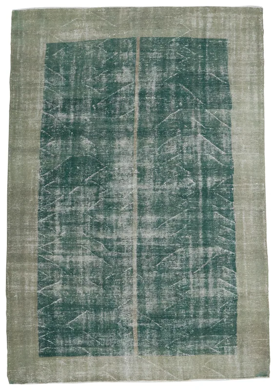 Full top view of the 7'2" x 11'0" green and gray vintage Anatolian area rug