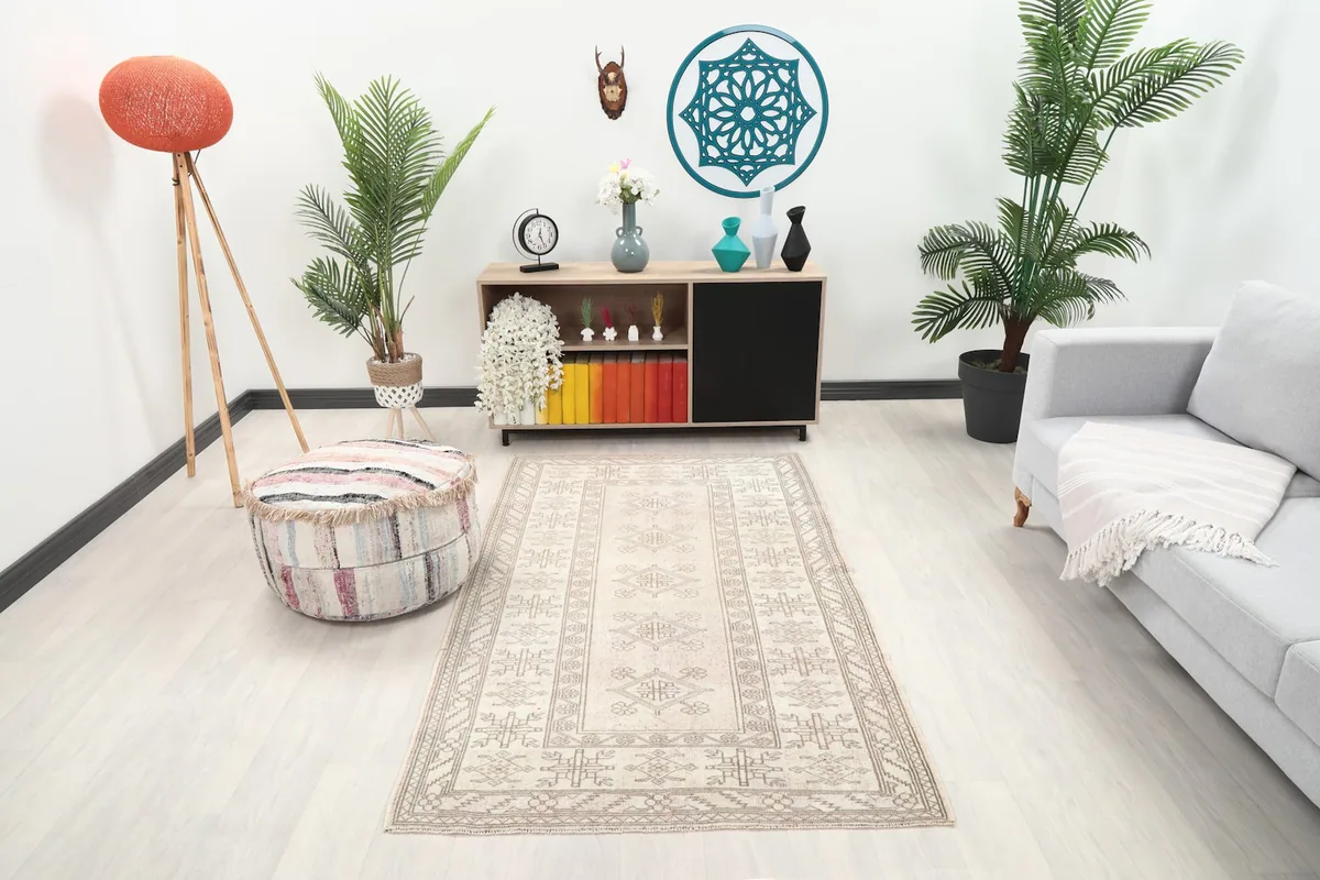 Rug displayed in a modern living room setting with a light sofa and colorful shelves.