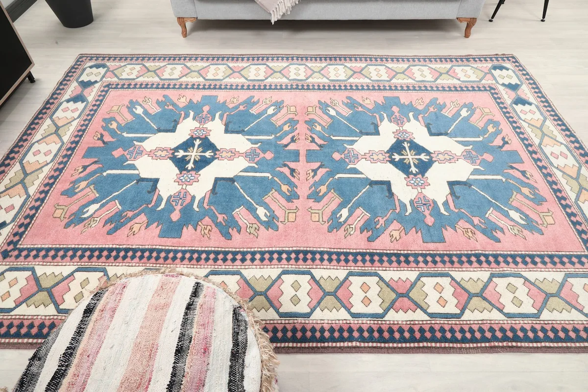 Full room view of the vintage Anatolian rug, presenting its aesthetic in a home environment