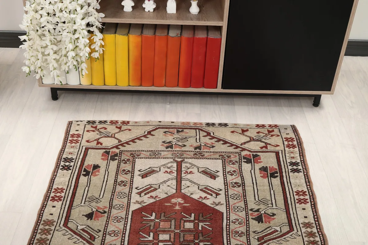 Overhead view of the rug showcasing its full pattern and colors in a room setting