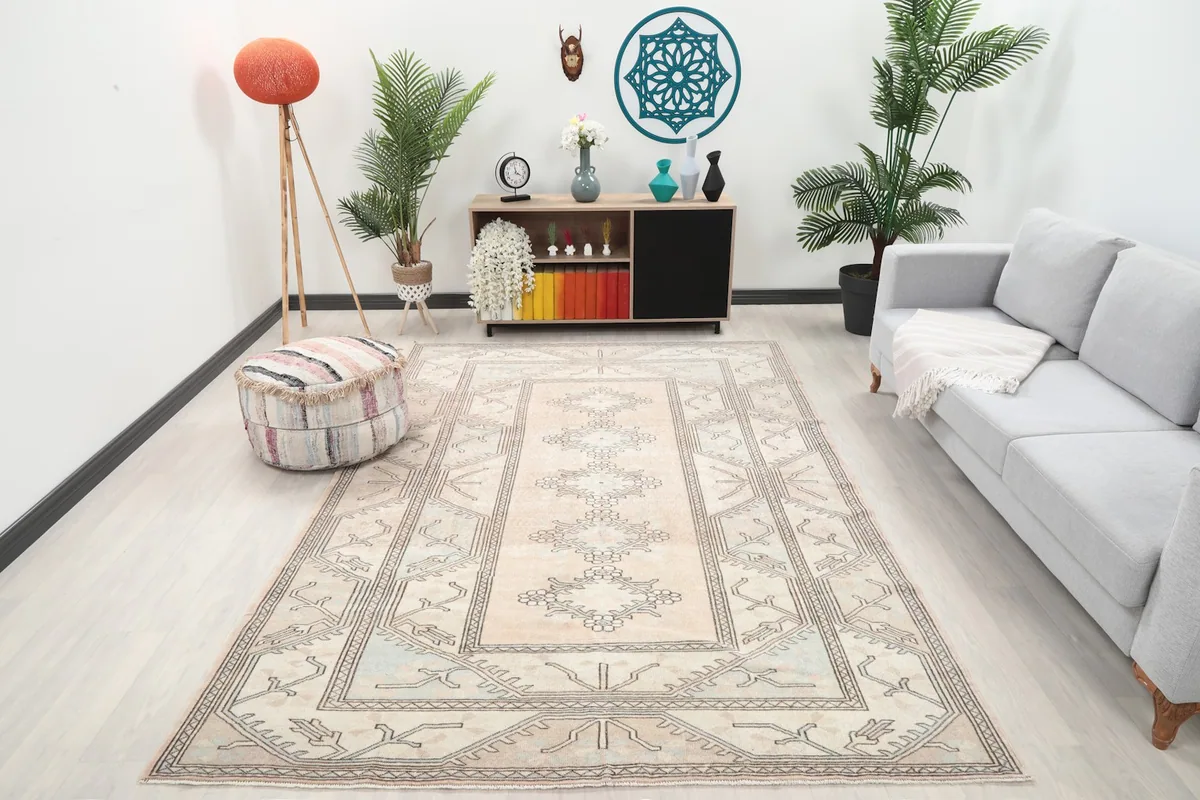 Beige and cream vintage area rug displayed in a living room setting with a light gray couch