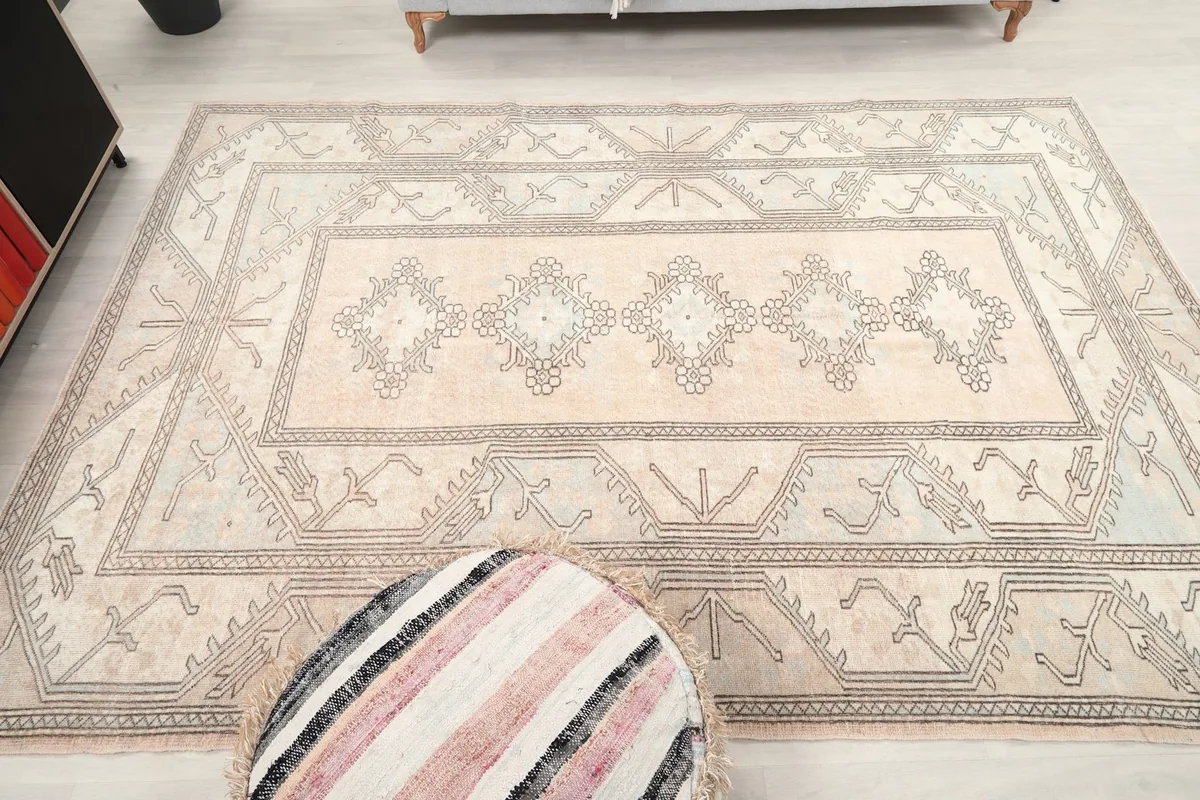 Full overhead view of the vintage Anatolian rug, emphasizing its medium size and design