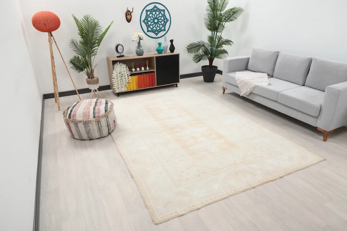 Angle view of the ivory and beige rug enhancing a modern living space.