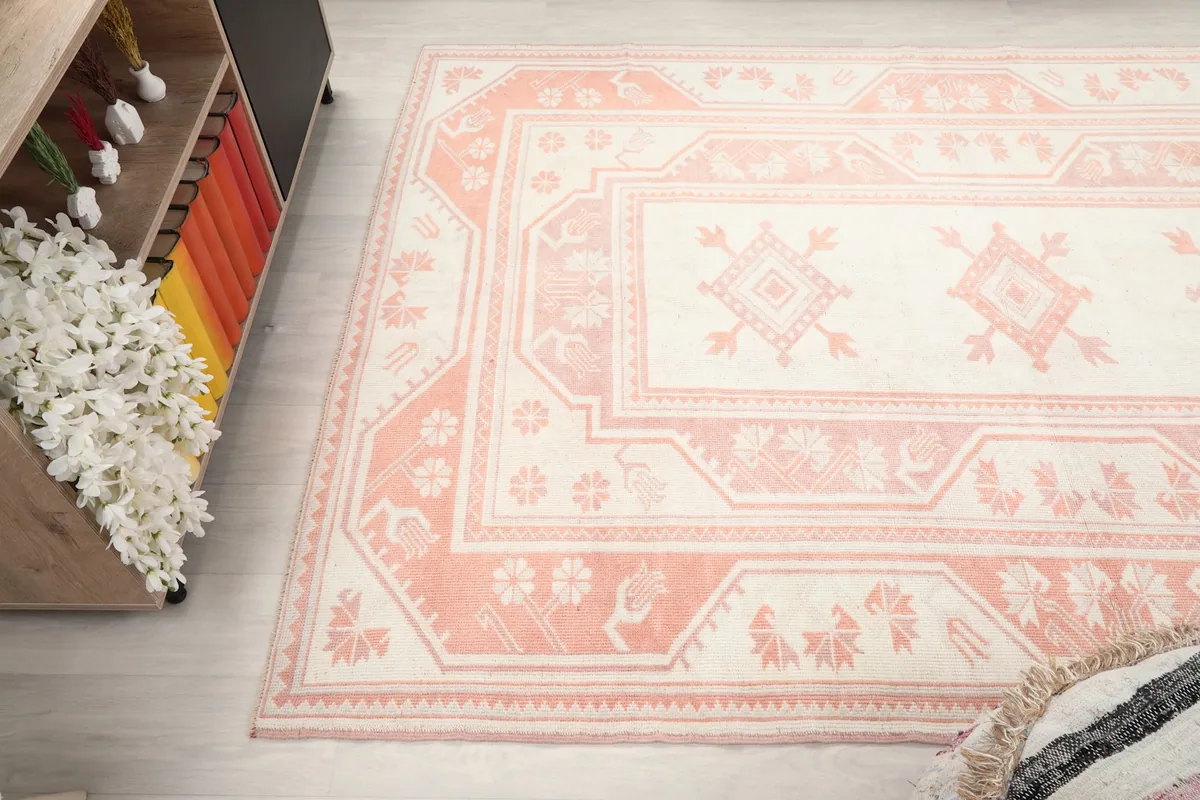 Upper angle view of the rug's surface, capturing its texture and design