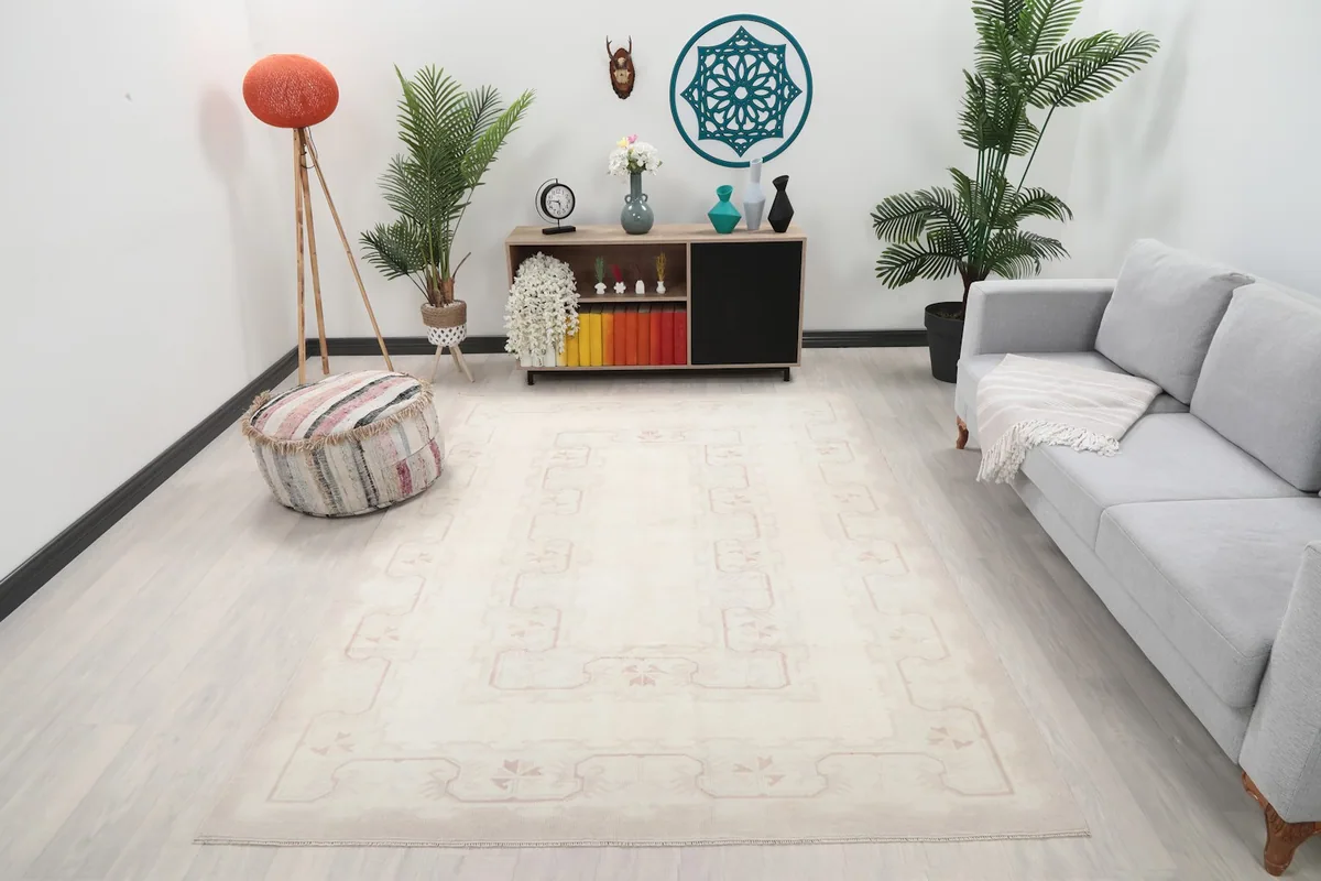 Area rug in a room setting, showing its size and cream and rose colors with furniture