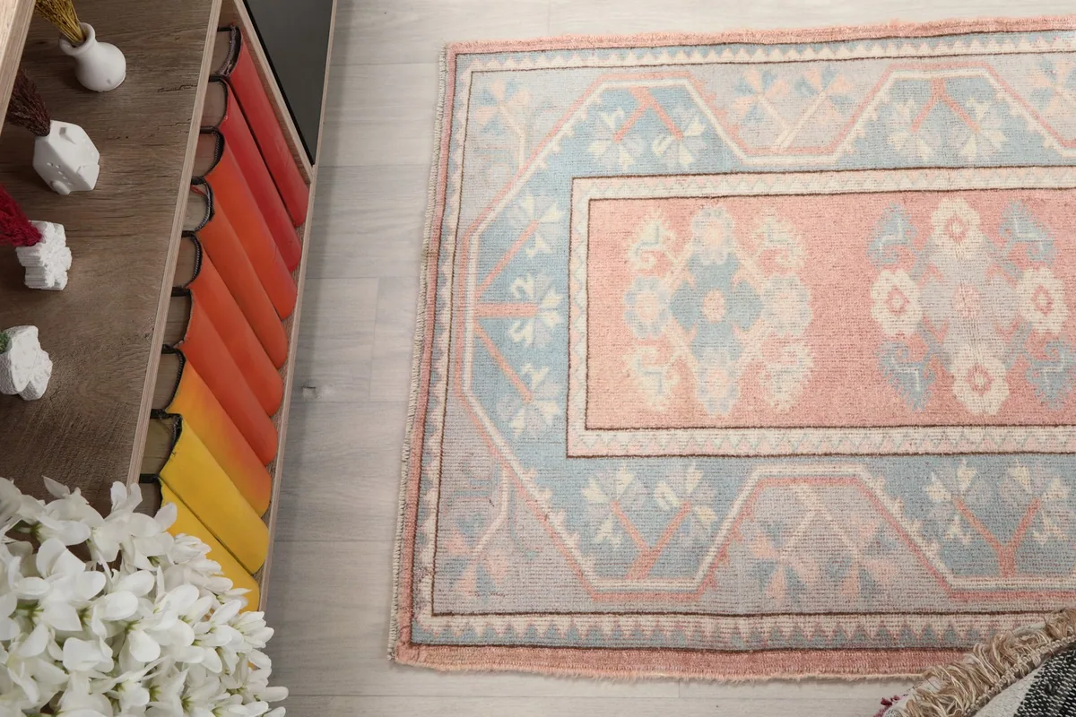 Overhead shot of the rug on the floor, showcasing its overall design and colors