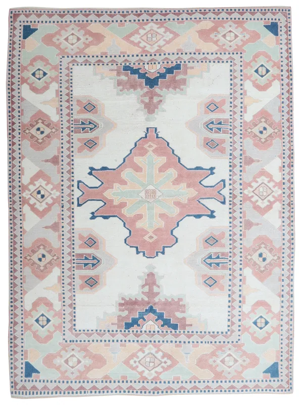 Ivory Rose Geometric Anatolian Rug, full top view showing geometric medallion and border
