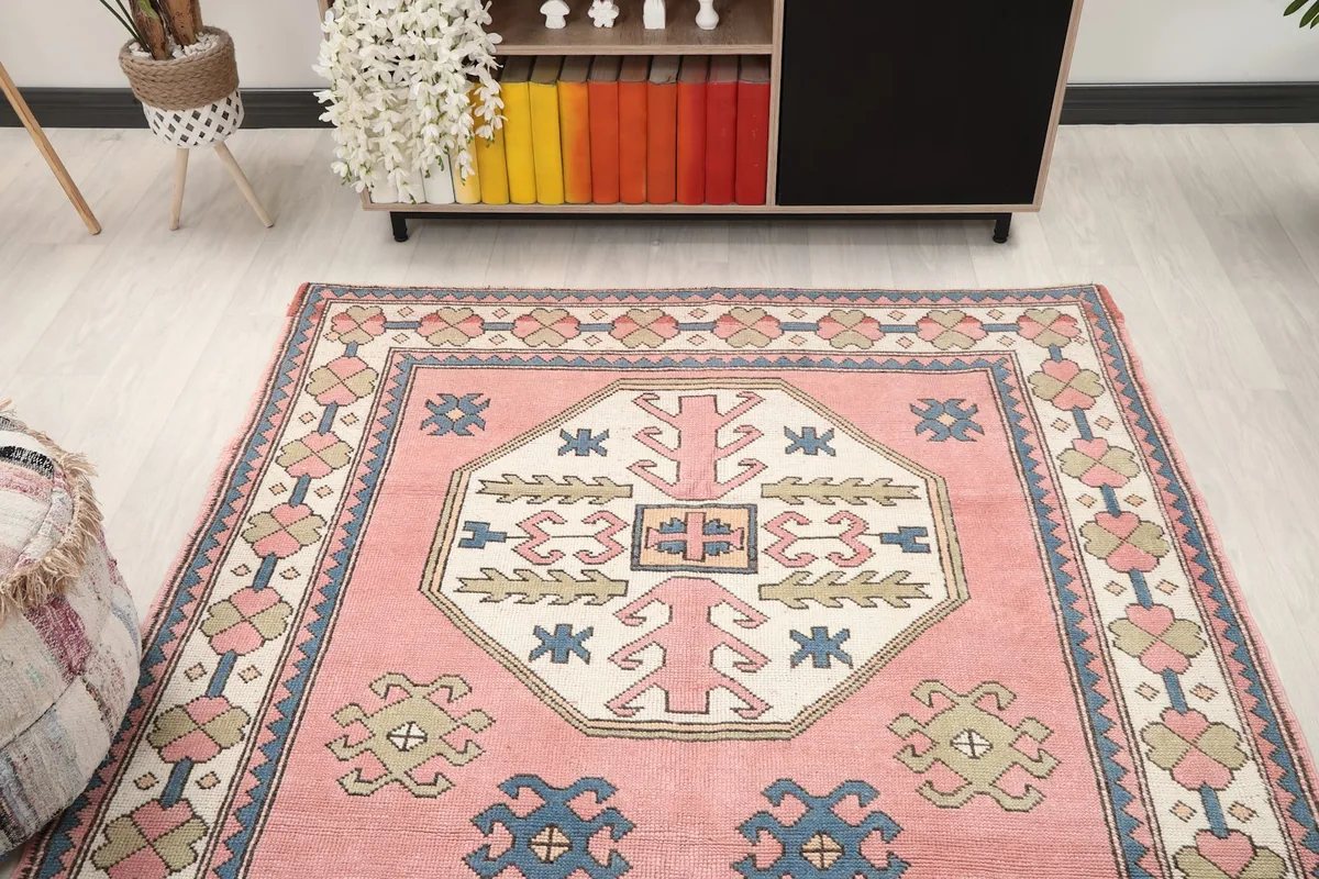 Overhead view of the rug in a living room, highlighting its placement and scale
