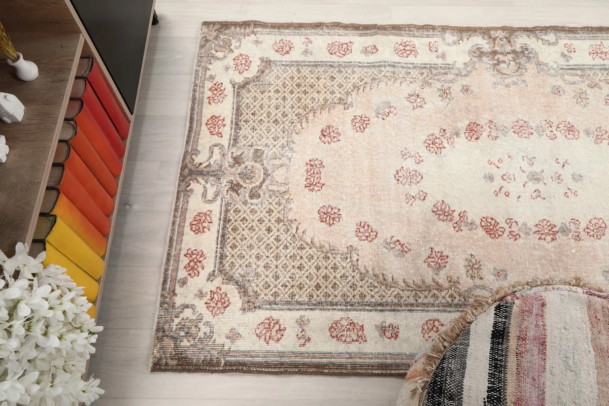 Overhead angle shot capturing the rug's full design and colors in a room setting