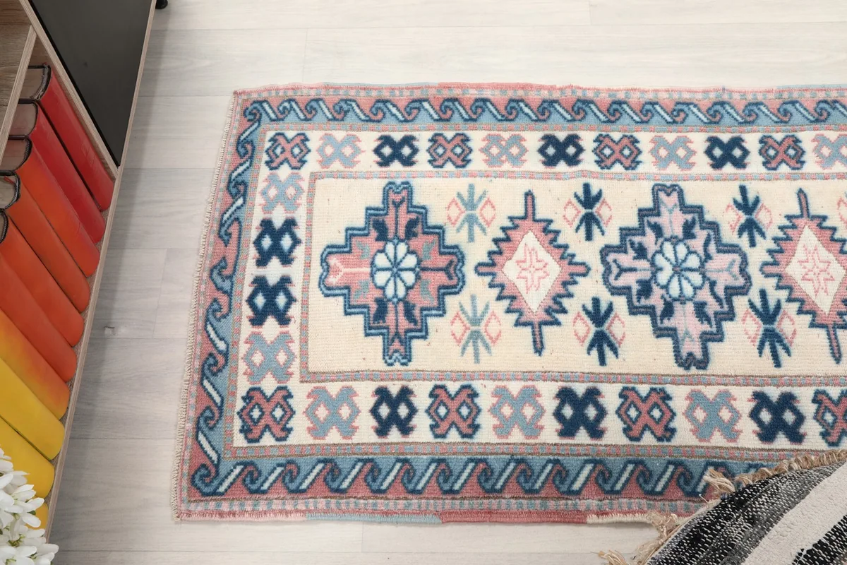Overhead close-up of the rug's patterns and colors, showing part of the length