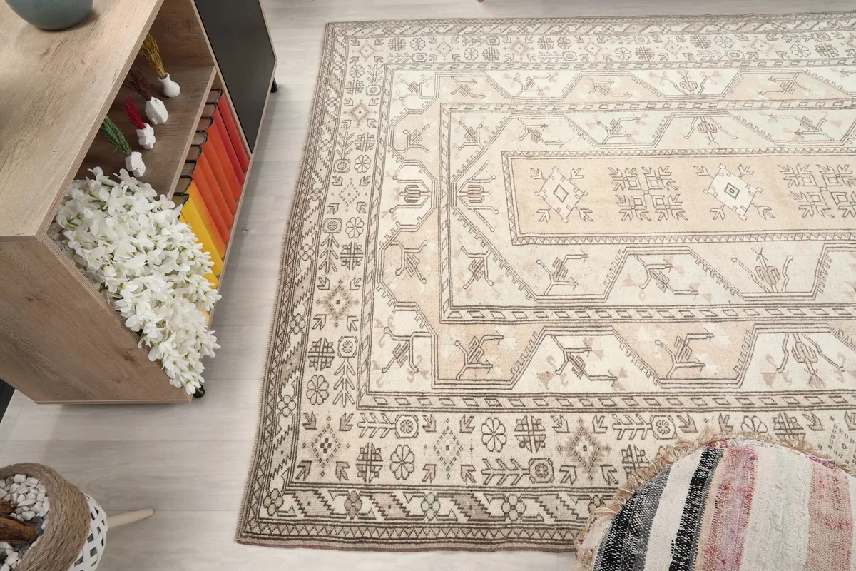 Overhead view of the rug in the room, showing its placement relative to furniture
