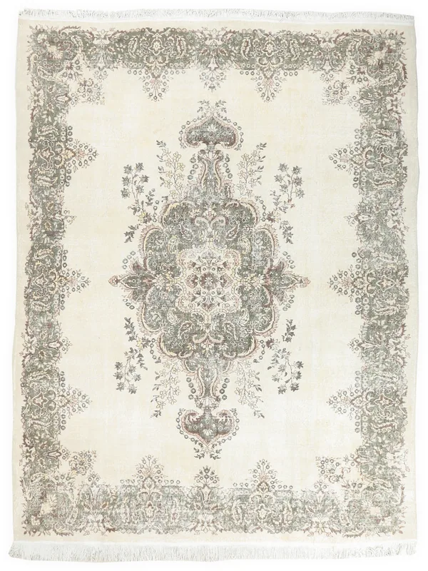 Full overhead view of the 9'6" x 12'6" ivory vintage Anatolian rug with green and rose floral medallion.