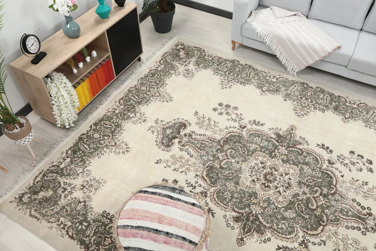 Elevated perspective of the rug, highlighting its visual impact and the interplay of colors and patterns.