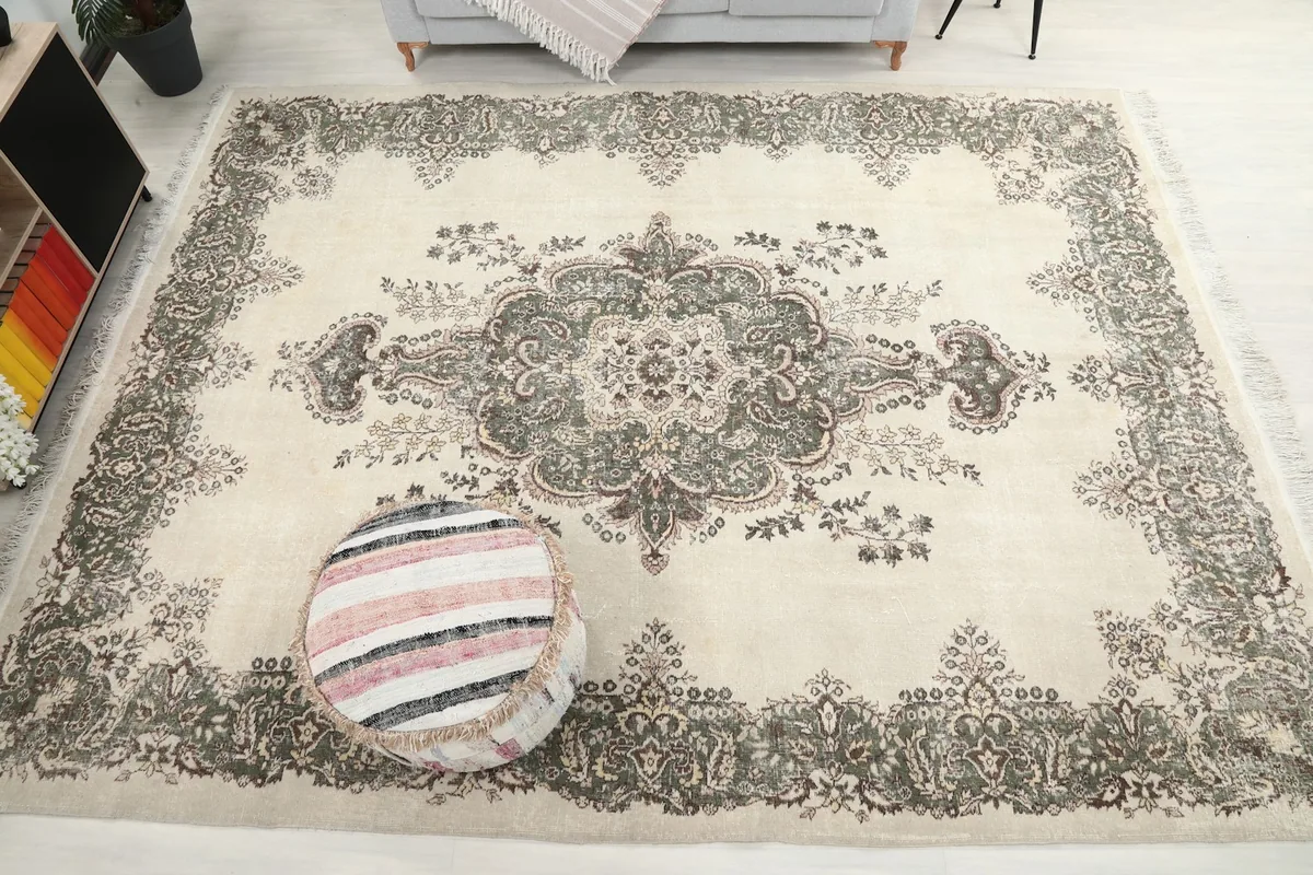 Full overhead shot of the rug in the room, providing a complete perspective of its layout and design.
