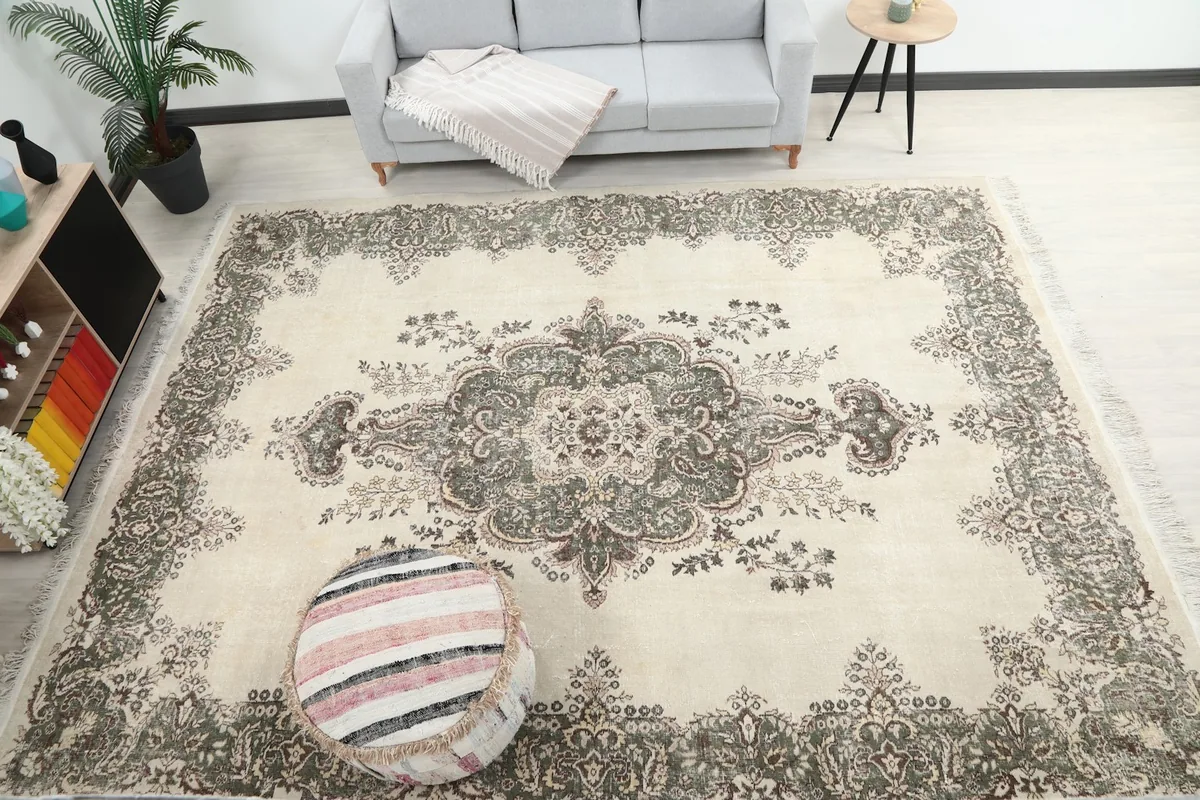 Final overhead view of the rug in the room, confirming its overall aesthetic and excellent condition.