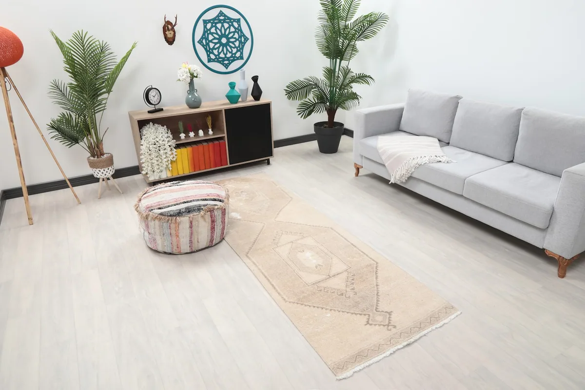 Angle view of the runner rug in a living room, showing its length and placement