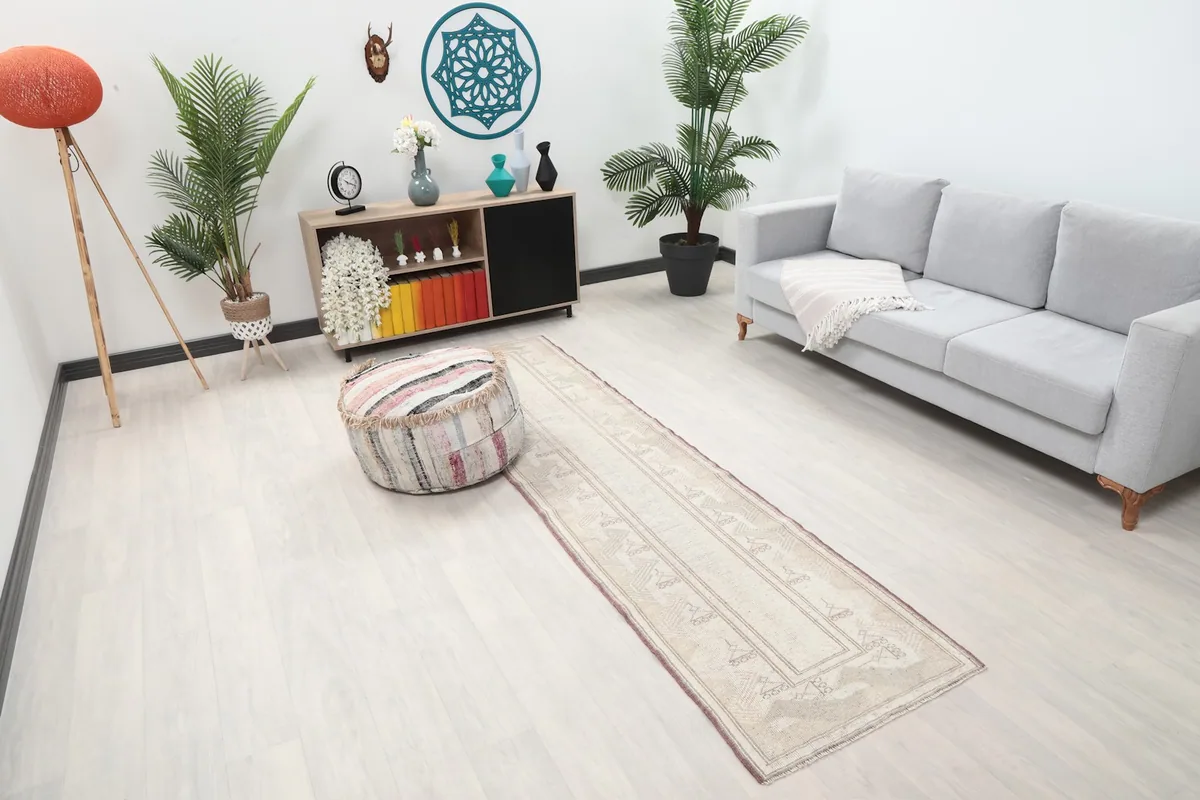 Overhead view of the runner rug in a room setting, showing its length and design in context.