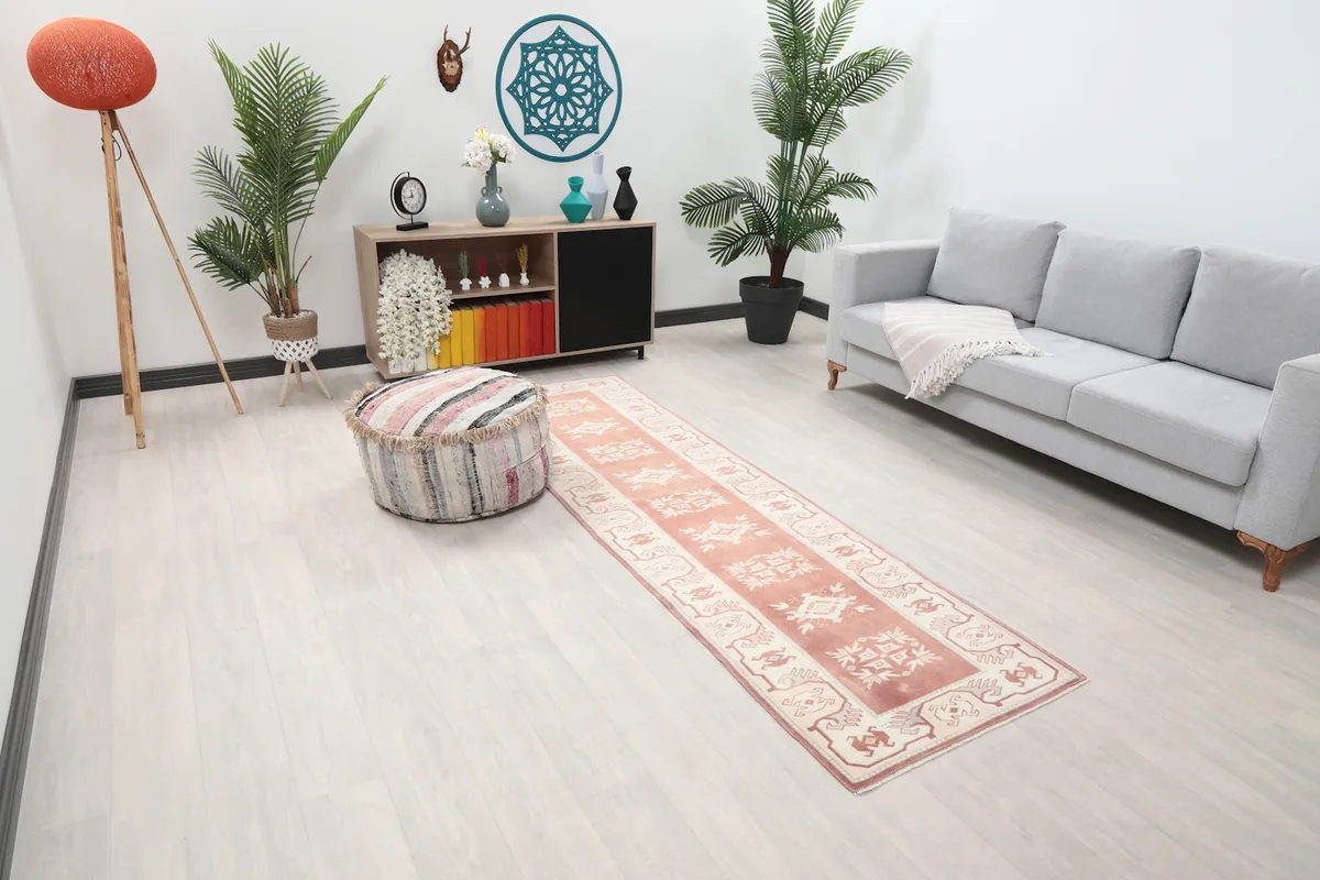 Runner rug in a room setting, angled view showing its placement and scale