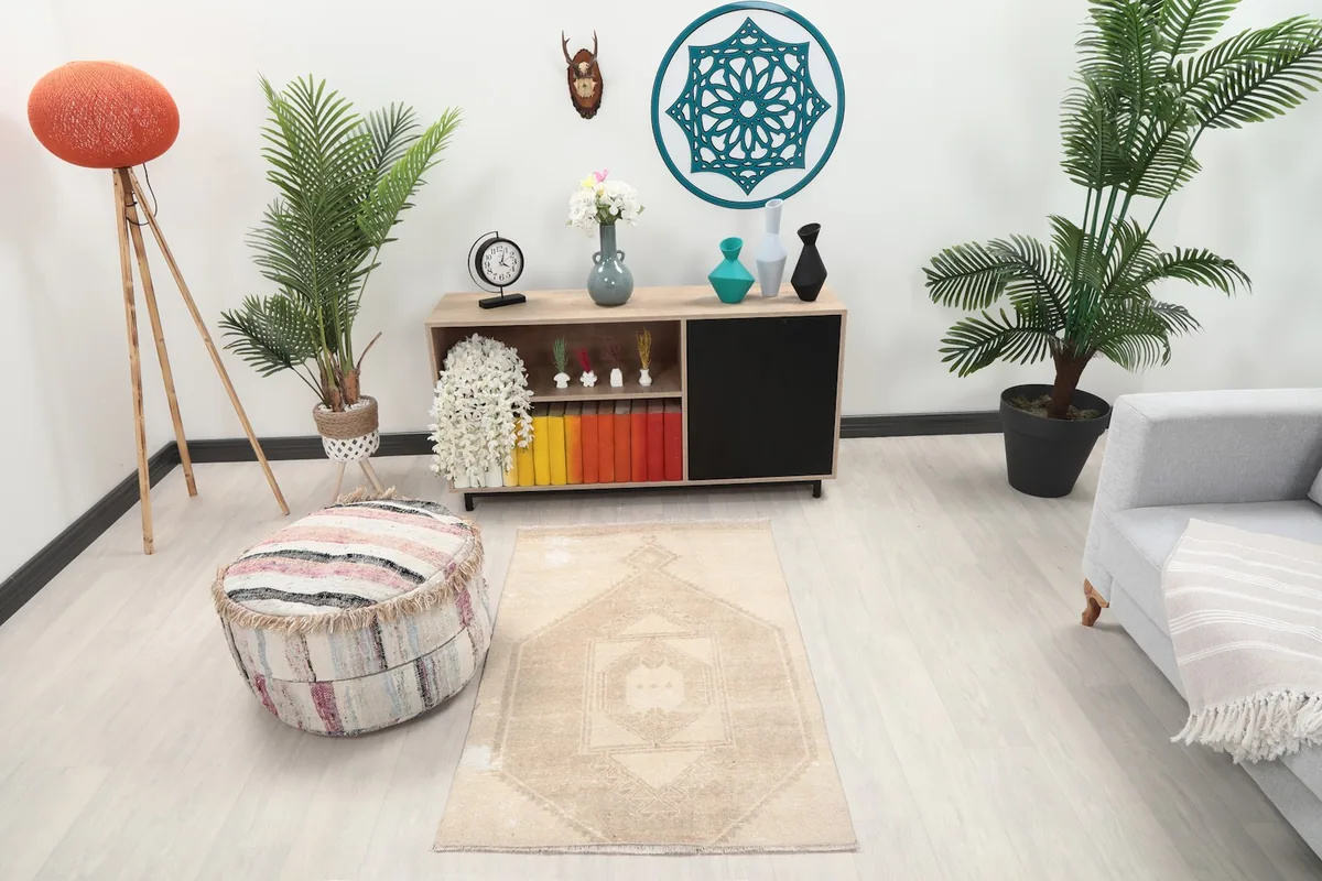 Vintage beige and tan area rug placed in a modern living room setting with a sofa and ottoman.