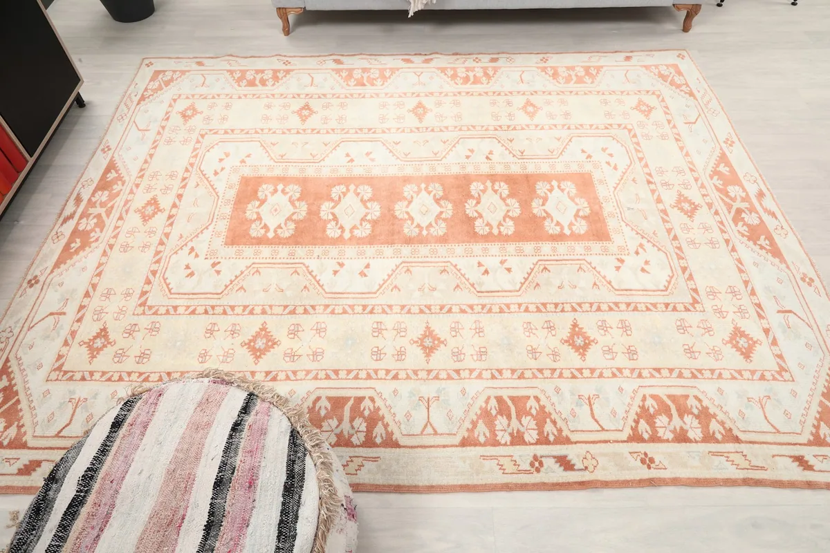 Full overhead shot of the rust and ivory rug, emphasizing its medium size and design