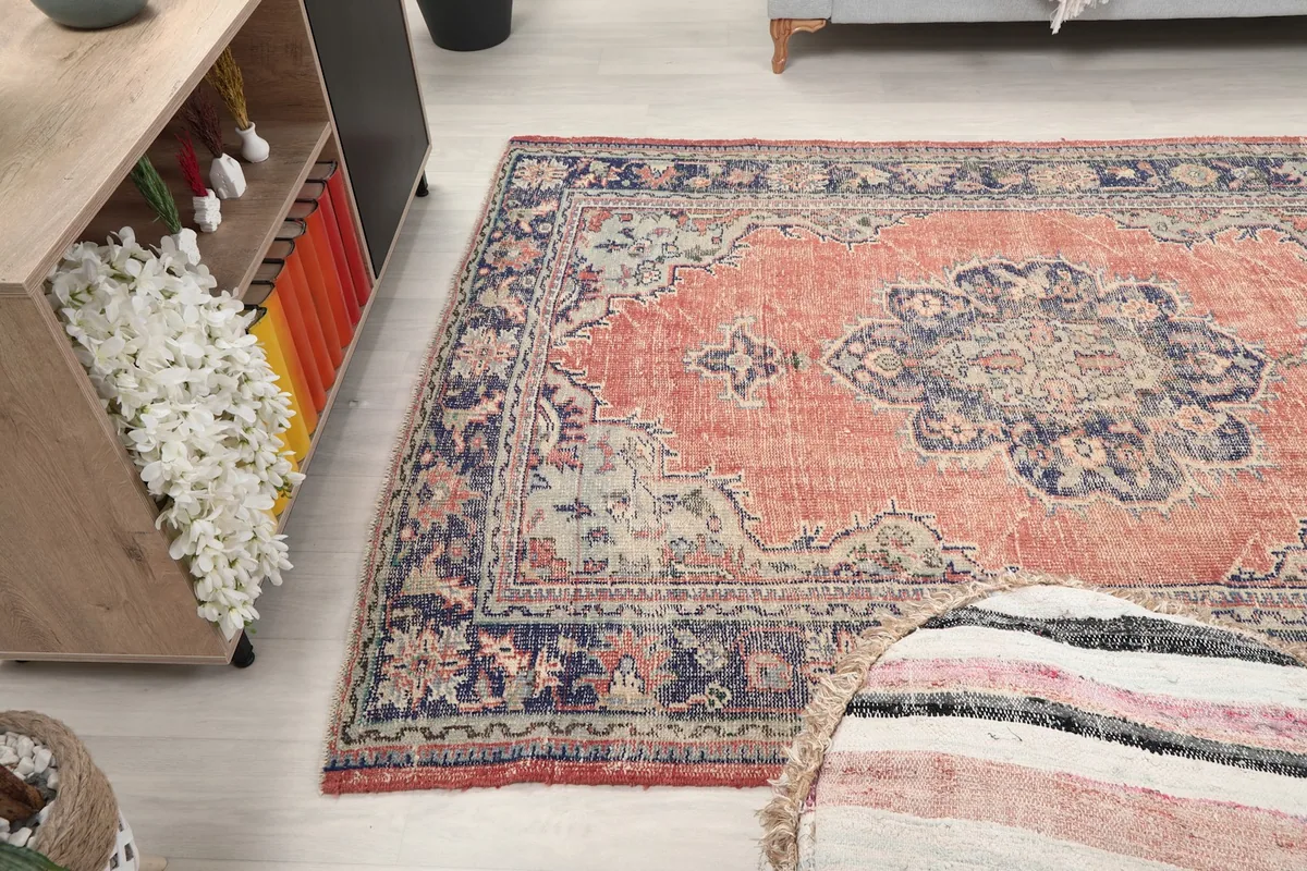 View of the rug from another angle in the room, showing its full design