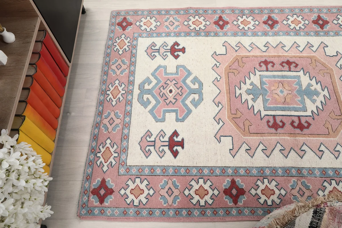 Angled view from above, showcasing the rug's overall pattern and texture
