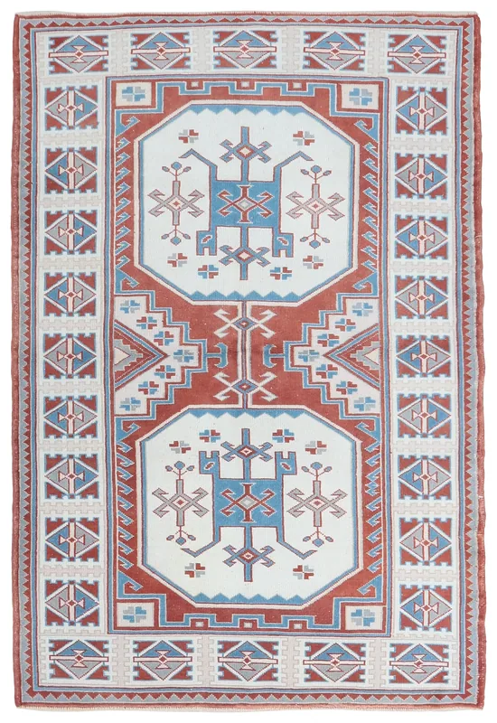 Rust Ivory Geometric Anatolian Rug with full top view
