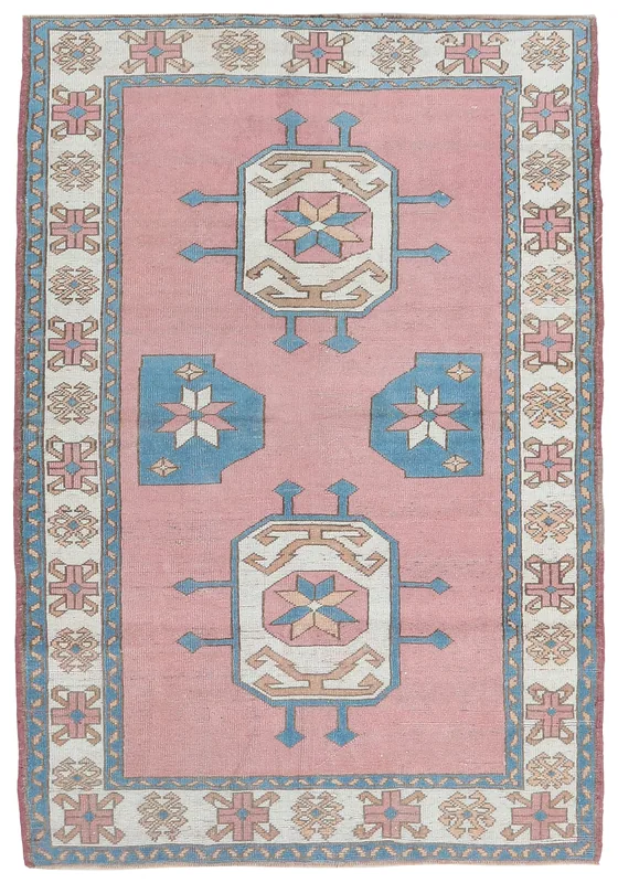 Full top view of the rose and blue geometric Anatolian rug