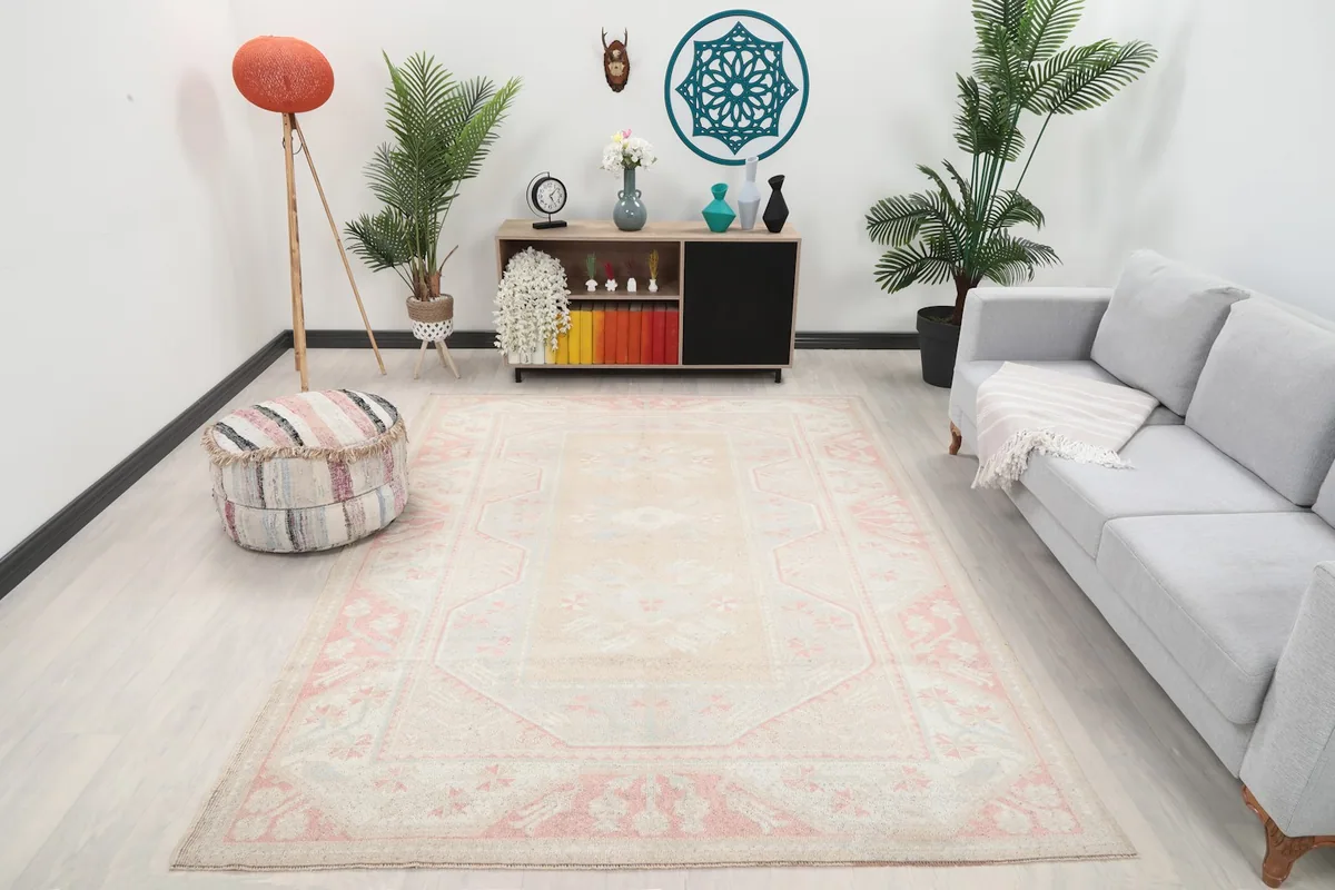 Vintage beige and rose rug in a living room setting with a gray sofa and pouf