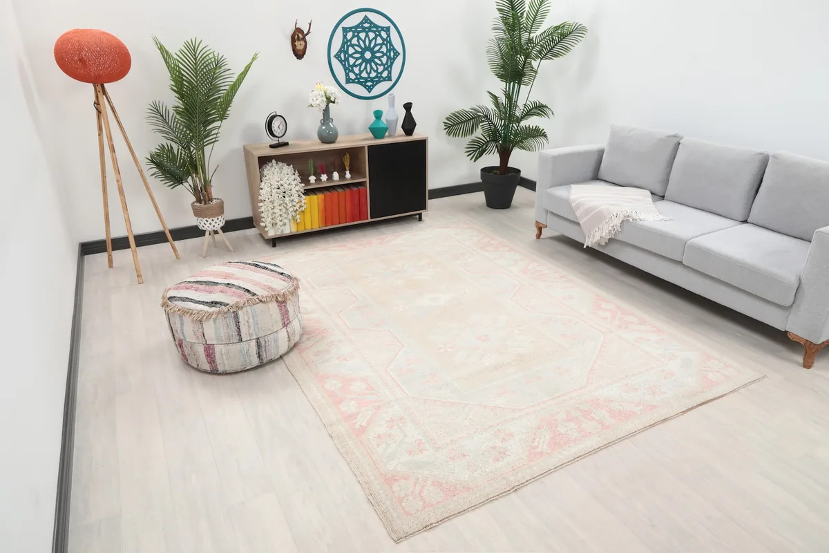 Angle view of the beige and rose Anatolian rug in a room with light flooring