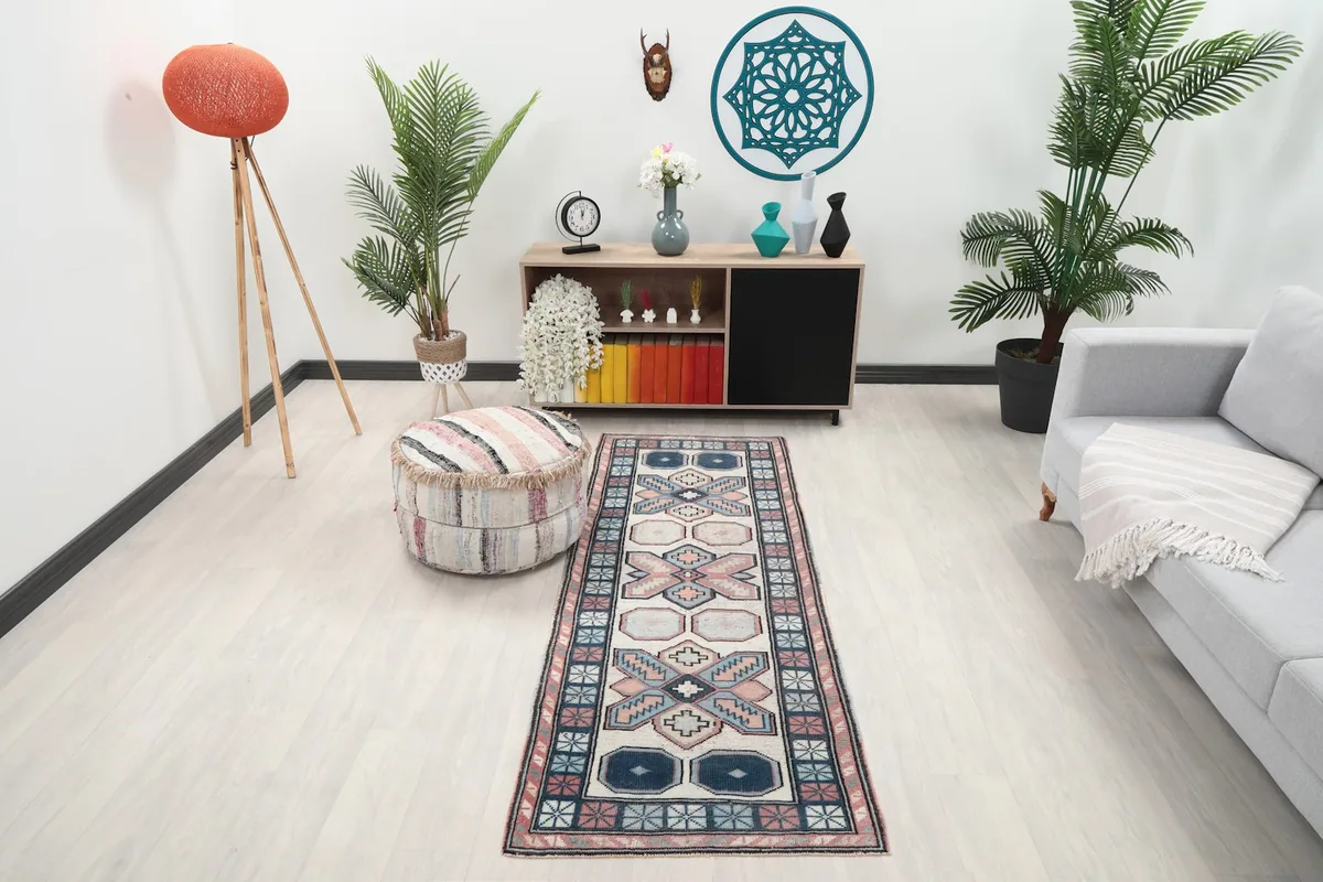 Runner rug displayed in a modern living space with light-colored flooring and furniture.