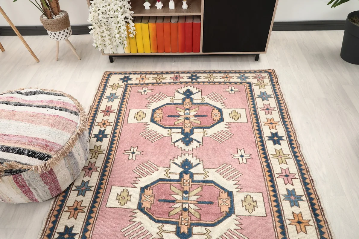 Overhead view of the rug in a room, showing its placement and scale.