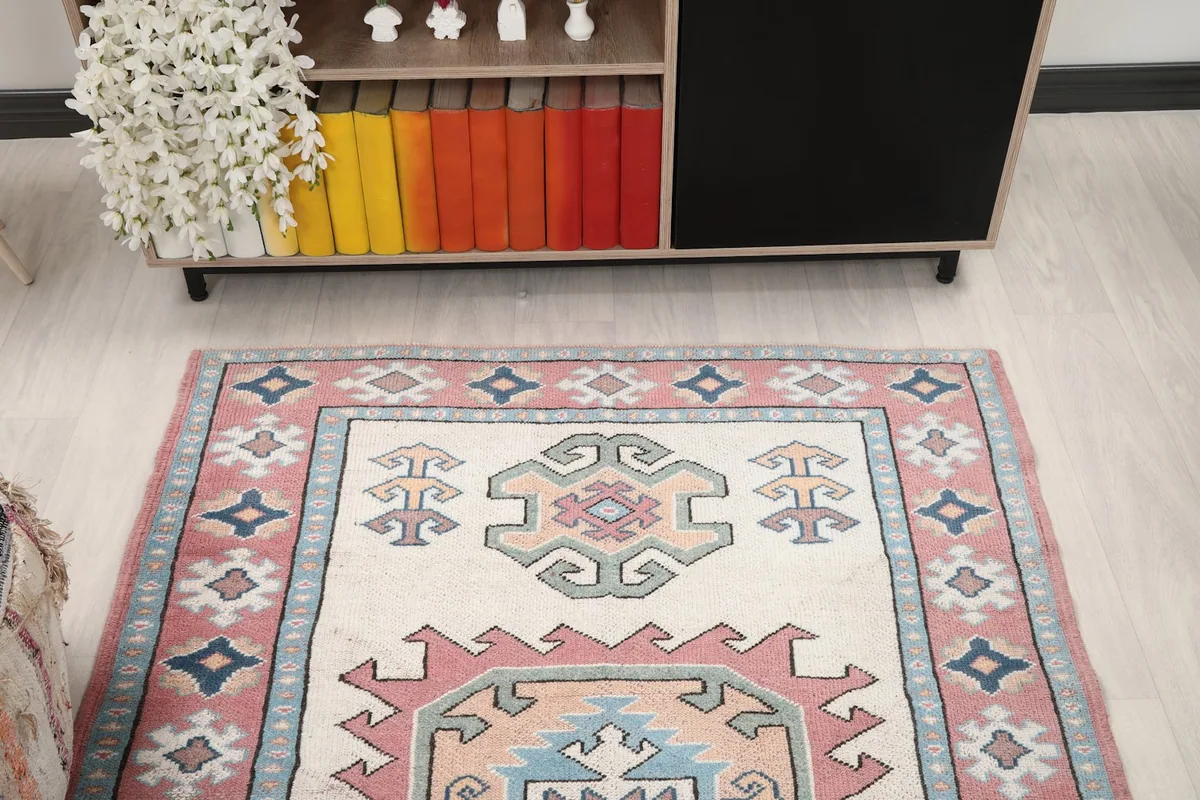 Overhead view showing the rug's placement relative to a console table