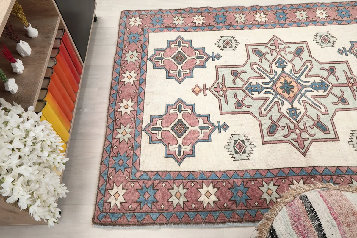 Angled shot of the rug's surface, showing the texture and pattern integrity